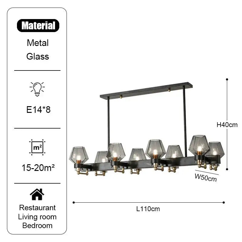 Decorbites luxe glass chandelier black metal and glass with eight e14 bulbs for modern retro living room lighting