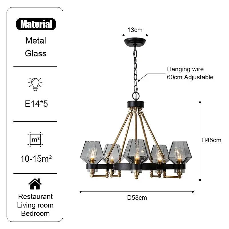 Black and brass-toned decorbites luxe glass chandelier with five faceted gray glass shades for modern living rooms