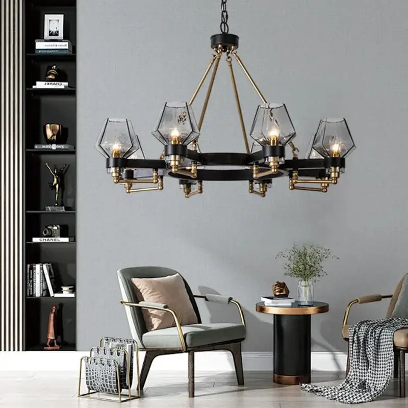 DecorBites luxe glass chandelier black and brass geometric design with faceted glass shades for modern living rooms
