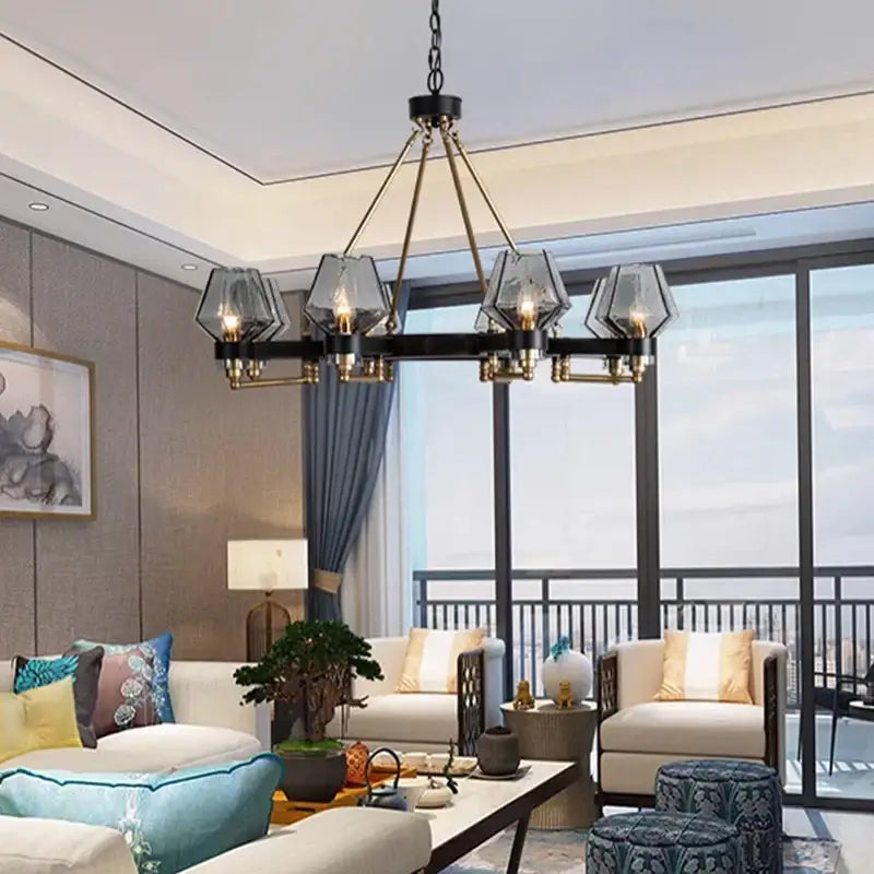 DecorBites luxe glass chandelier with black and brass geometric frame and frosted glass shades for modern living rooms