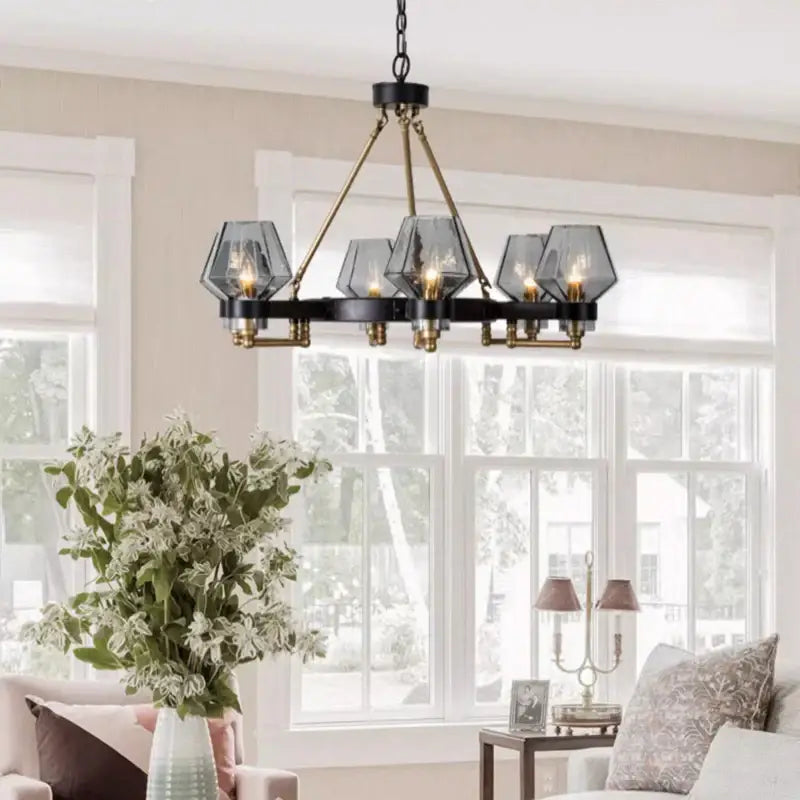 Black and brass decorbites luxe glass chandelier with geometric glass shades for modern retro living room lighting fixtures