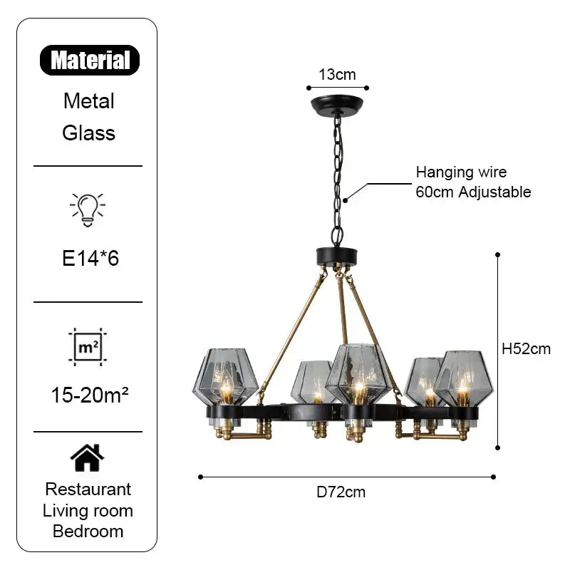 Decorbites luxe glass chandelier with black and brass finish and six faceted glass shades for modern living rooms