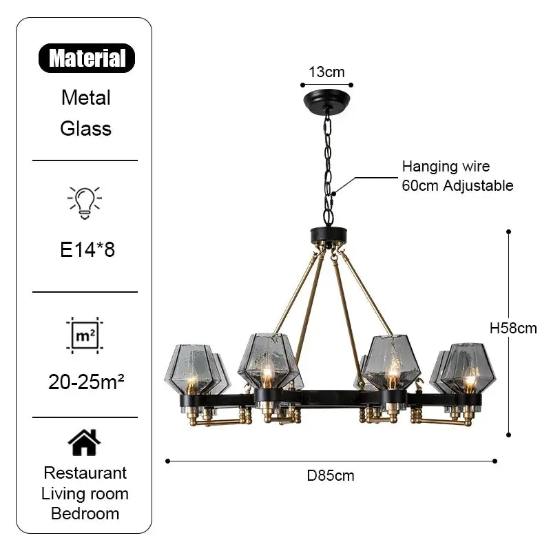 Black and brass metal decorbites luxe glass chandelier with eight faceted glass shades for modern retro living rooms