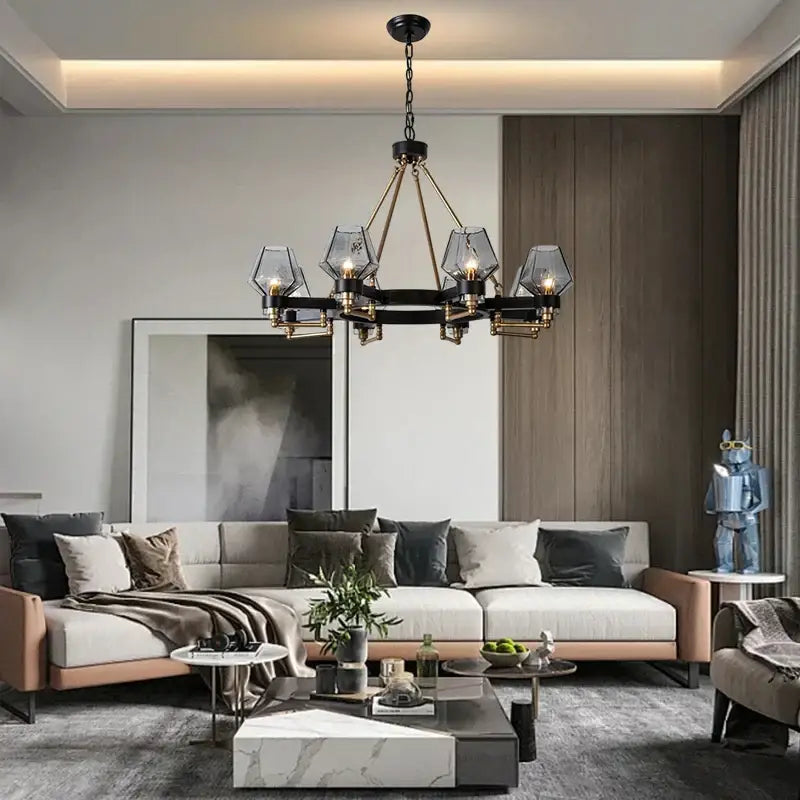 Black and brass decorbites luxe glass chandelier with geometric glass shades for modern retro living room lighting fixtures