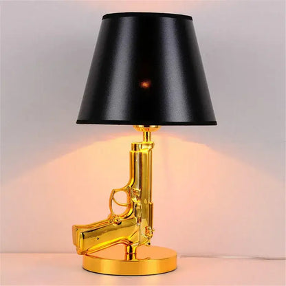 DecorBites luxe gold AK47 led floor lamp with pistol shape and sleek black conical shade for modern decor