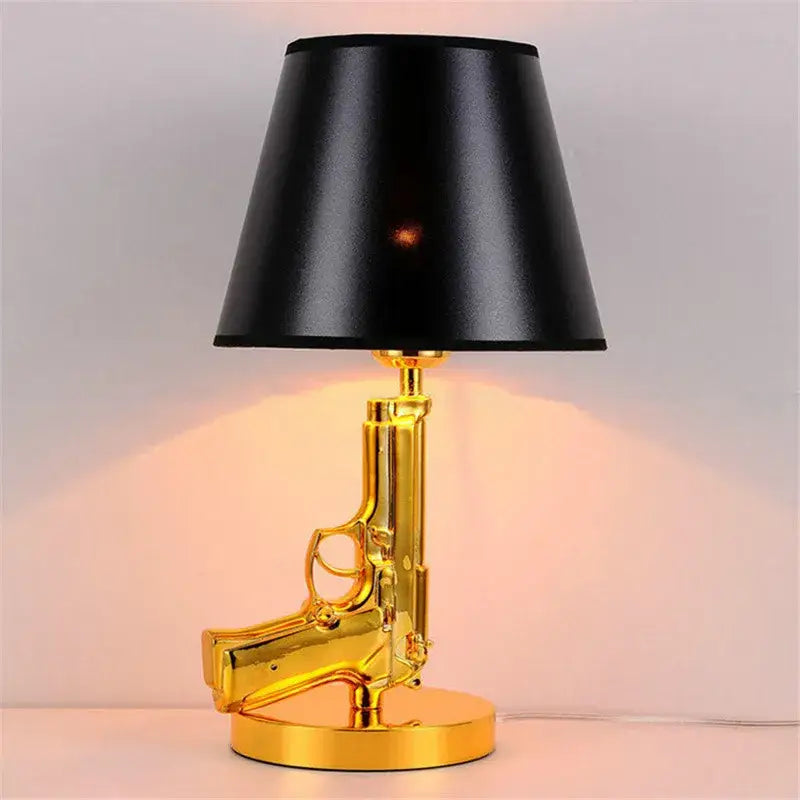 DecorBites luxe gold AK47 led floor lamp with pistol shape and sleek black conical shade for modern decor