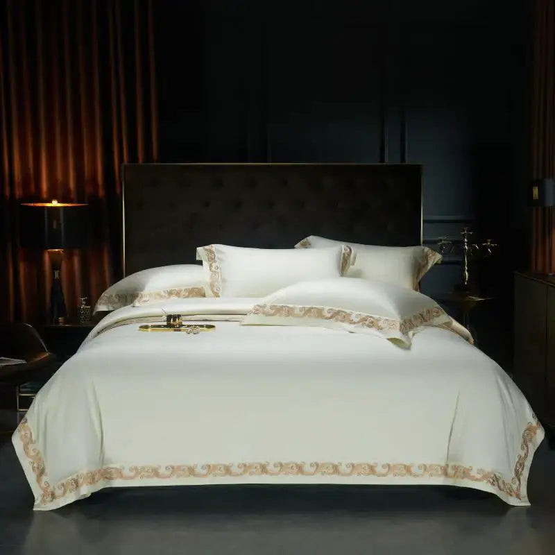 Elegant ivory satin bedding set with decorbites luxe gold embroidery on 1400TC Egyptian cotton for queen king beds