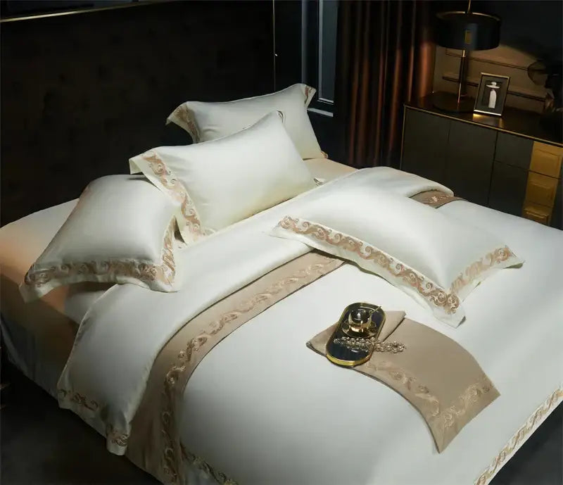 Elegant white satin bedding set with luxe gold embroidery and beige runner by decorbites luxe gold 1400TC Egyptian cotton