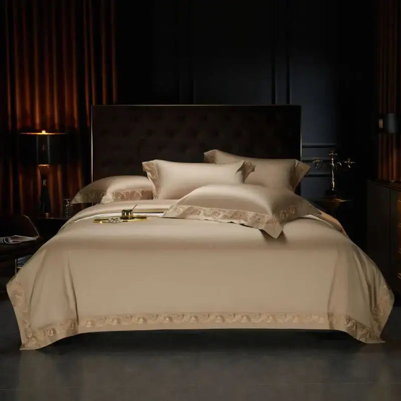 Cream-colored satin bedding set with luxe gold embroidery edges by decorbites luxe gold egyptian cotton 1400tc