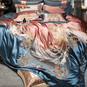 Luxurious decorbites luxe gold embroidery bedding set in teal and rose gold satin with intricate baroque-style design