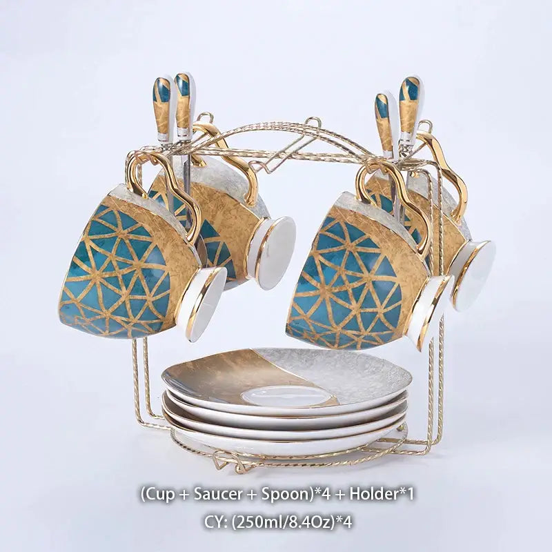 Elegant decorbites luxe gold inlay porcelain coffee set with turquoise and gold geometric pattern on golden holder