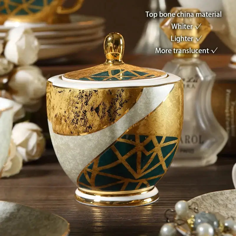 Elegant bone china sugar bowl with gold inlay teal geometric patterns from decorbites luxe gold coffee set