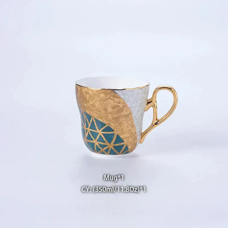 Decorbites luxe gold inlay bone china coffee set mug with teal geometric patterns and a gold handle for elegant use