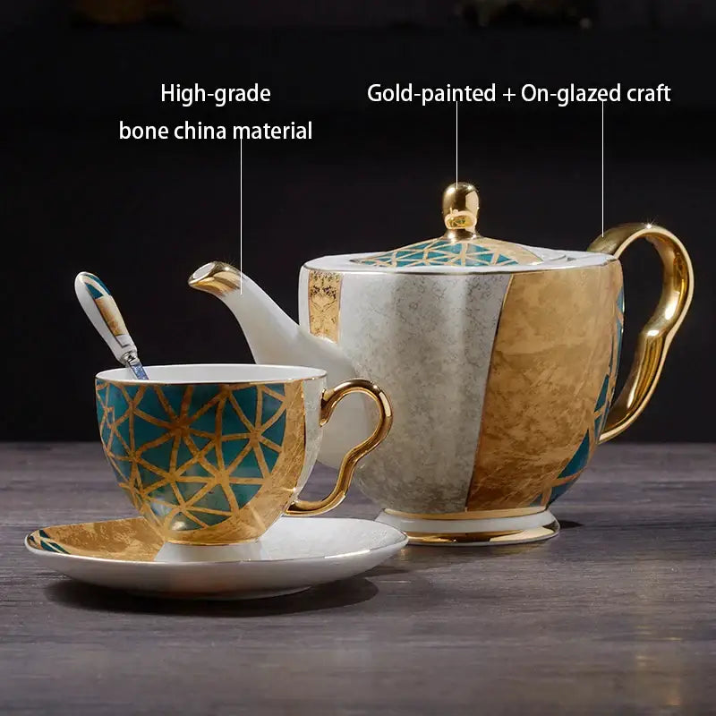 Elegant bone china coffee set with gold inlay geometric patterns in teal by DecorBites Luxe Gold collection