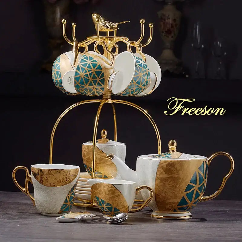 Elegant decorbites luxe gold inlay bone china coffee set with gold and teal geometric patterns on a golden stand