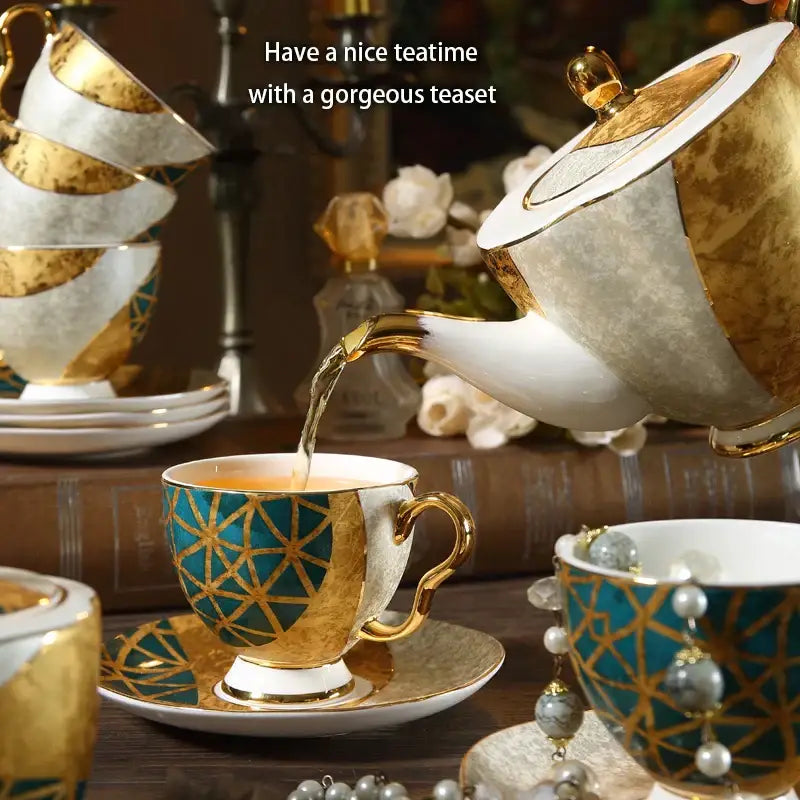 Elegant porcelain teacup with teal geometric pattern and gold inlay on matching saucer from decorbites luxe gold coffee set
