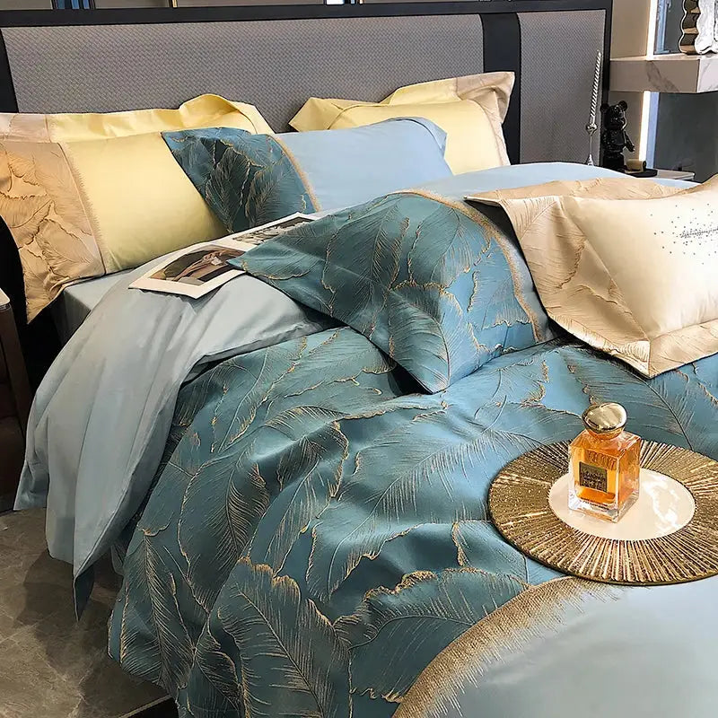 Teal satin jacquard embroidery bedding set with gold leaf design and matching pillowcases in 1000tc egyptian cotton