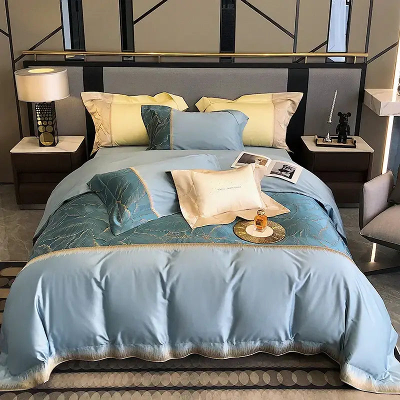 Luxurious light blue satin jacquard embroidery bedding set with gold marble accents in 1000tc egyptian cotton
