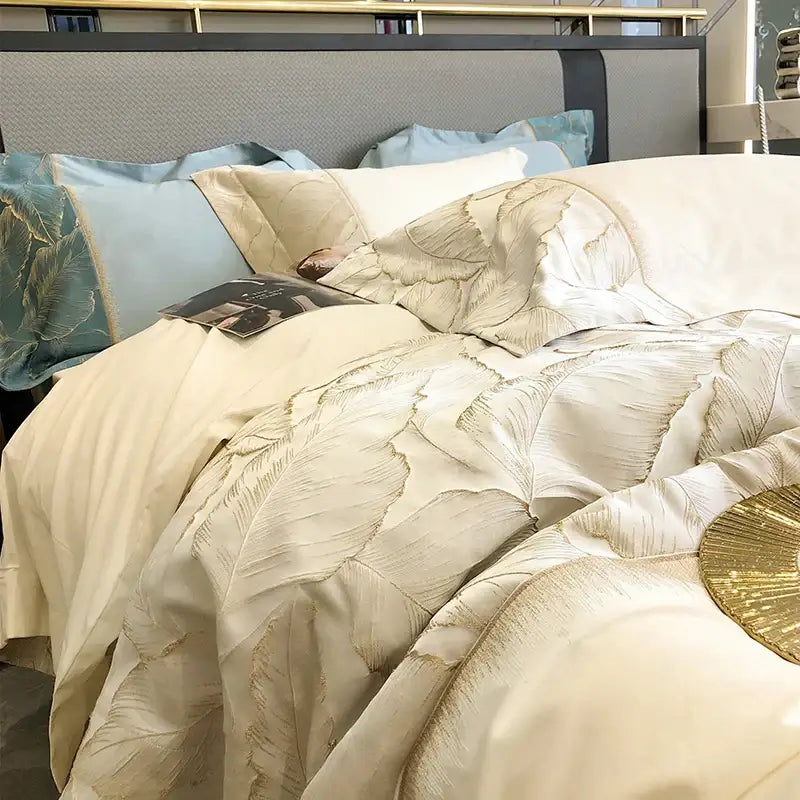 Cream-colored satin jacquard embroidery duvet cover and pillowcases in teal from decorbites™ 1000tc egyptian cotton bedding set