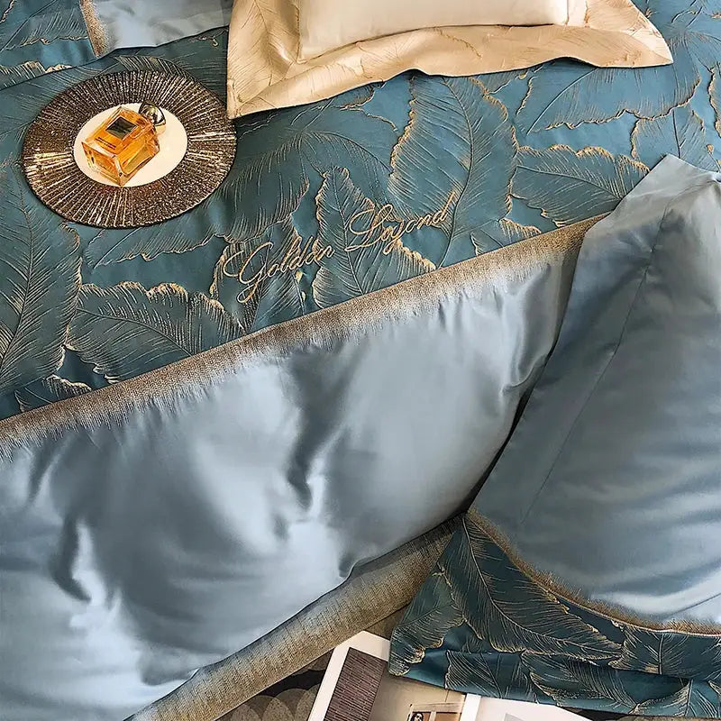 Teal satin jacquard embroidery bedding set with gold leaf design and golden beyond script made of 1000TC Egyptian cotton