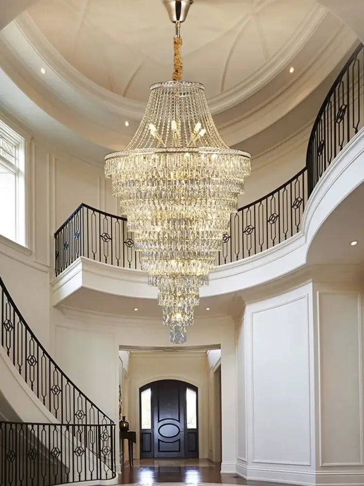 DecorBites Luxe golden multi-tiered crystal chandelier with gold-toned frame for hotel lobby and elegant foyers