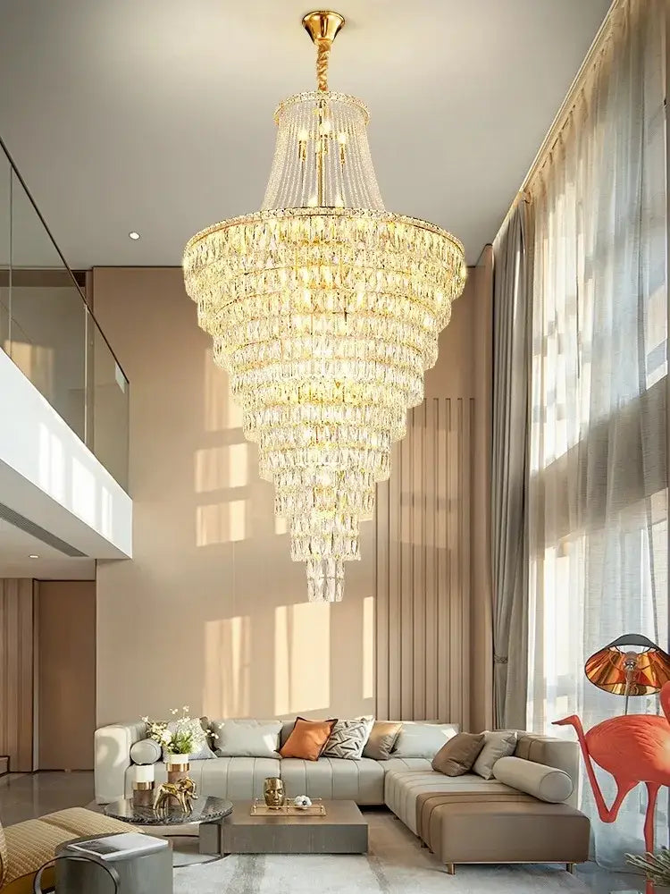 DecorBites luxe golden crystal chandelier with multi-tiered clear crystals and gold finish for lobby living room staircase