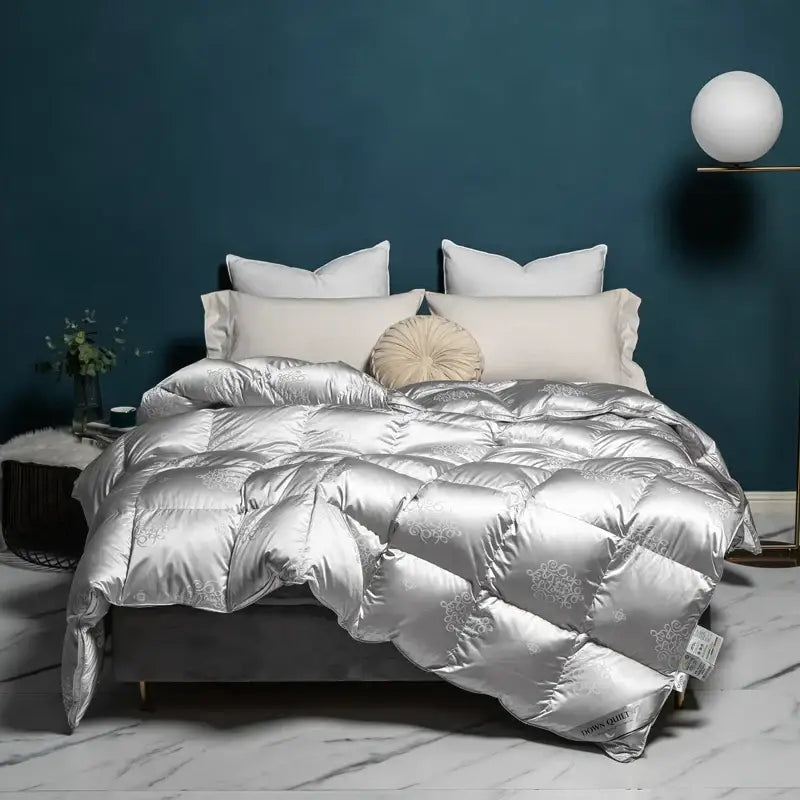 Silver satin decorbites luxe goose duck down quilt with subtle embroidered patterns for cozy warmth queen king size