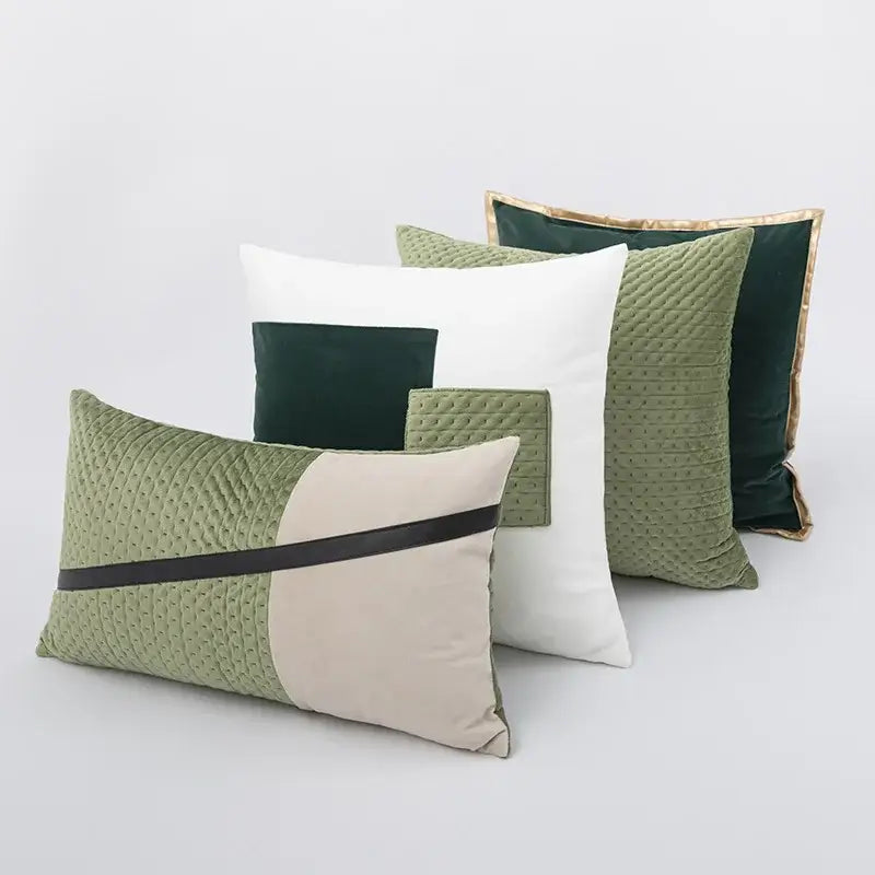 Modern geometric cushion cover in olive green deep forest green white and beige with quilted textures by decorbites luxe gray