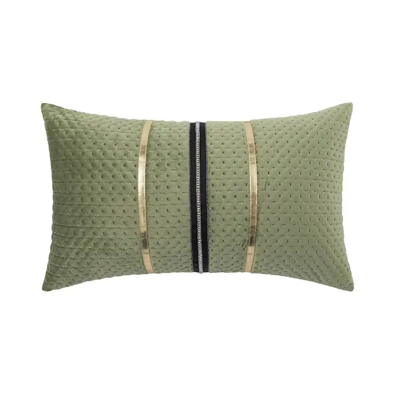 Olive green quilted velvet cushion cover with gold and black zipper accents for modern decorbites luxe gray use