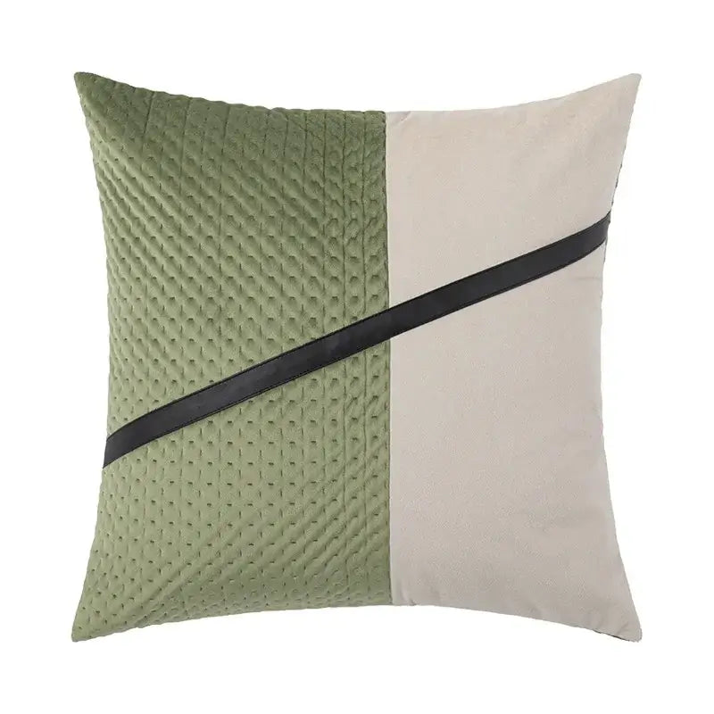 Square cushion cover with olive green quilted velvet and cream fabric accented by diagonal black leather strap by DecorBites Luxe Gray
