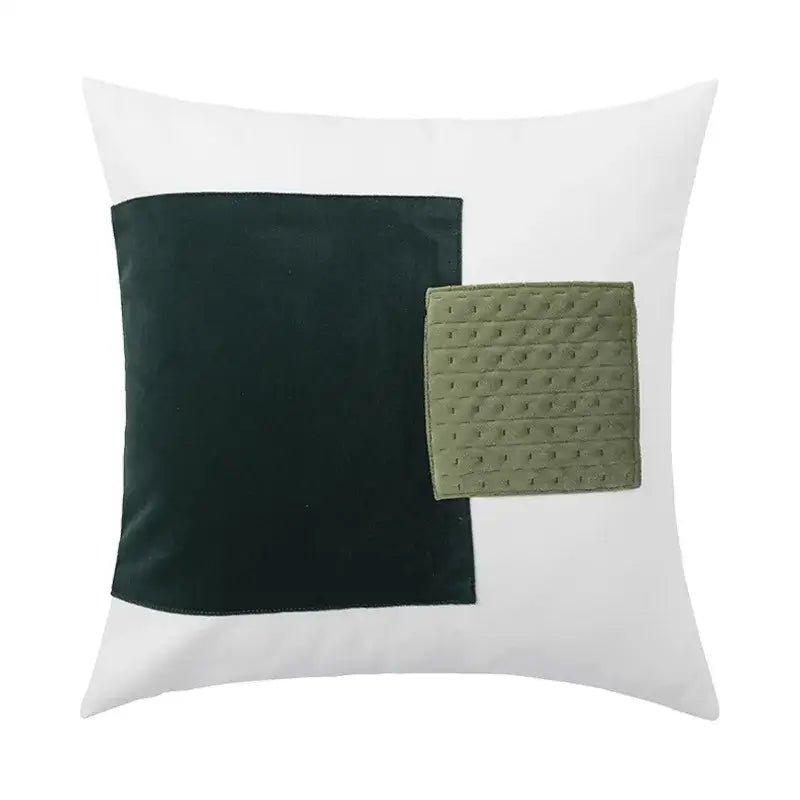 White cushion cover with dark green velvet and olive quilted patches for decorbites luxe gray modern home decor