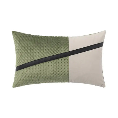 Olive green and cream quilted rectangular cushion cover with black satin stripe by decorbites luxe gray for modern home decor