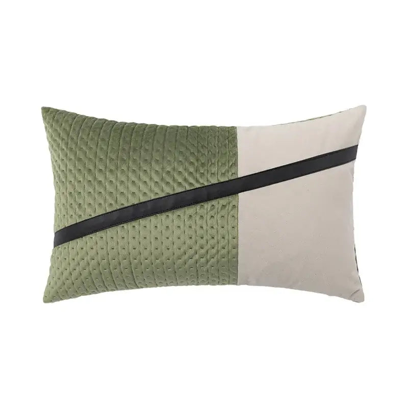 Olive green and cream quilted rectangular cushion cover with black satin stripe by decorbites luxe gray for modern home decor