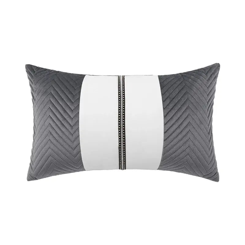 Gray velvet rectangular cushion cover with central white stripe and black beaded trim decorbites luxe gray for modern decor