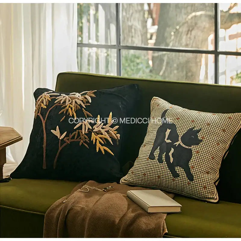 Black velvet decorative pillow cover with gold and brown embroidered foliage design from DecorBites™ luxe greyhound collection