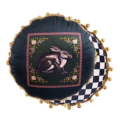 DecorBites™ luxe greyhound decorative pillow cover in dark green velvet with embroidered rabbit and gold tassels