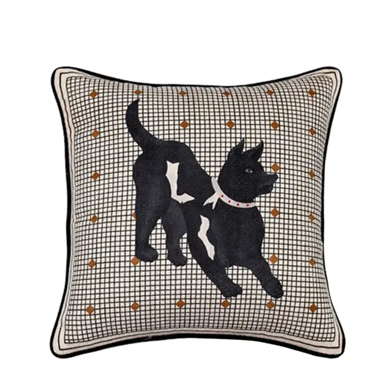 Decorbites™ luxe greyhound decorative pillow cover with black and white embroidered dog on beige grid pillow cover