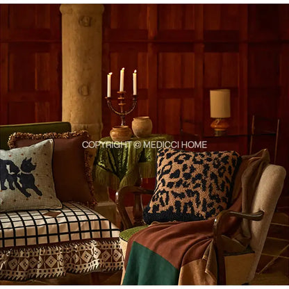 DecorBites™ luxe greyhound decorative pillow cover featuring leopard-print chunky knit fabric in tan and dark blue