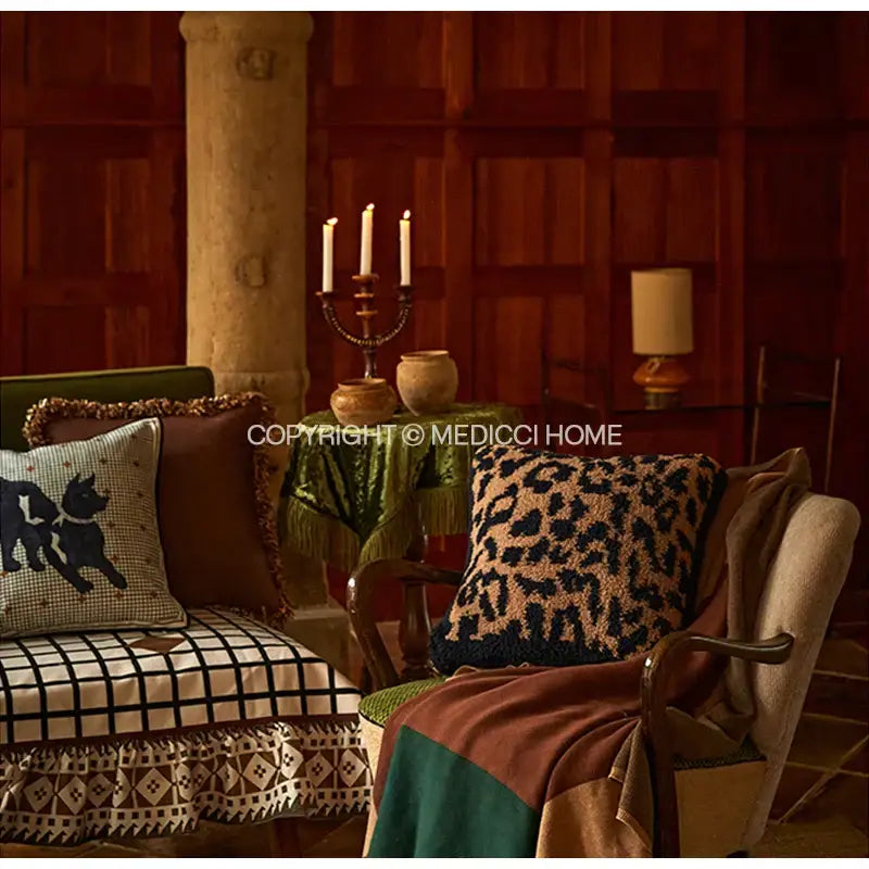 DecorBites™ luxe greyhound decorative pillow cover featuring leopard-print chunky knit fabric in tan and dark blue