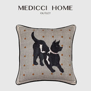 Black and white embroidered dog design on beige grid pattern decorative pillow cover with gold dot accents decorbites luxe