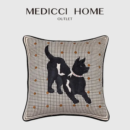 Black and white embroidered dog design on beige grid pattern decorative pillow cover with gold dot accents decorbites luxe