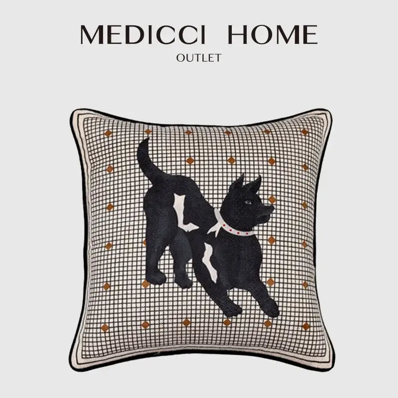 Black and white embroidered dog design on beige grid pattern decorative pillow cover with gold dot accents decorbites luxe