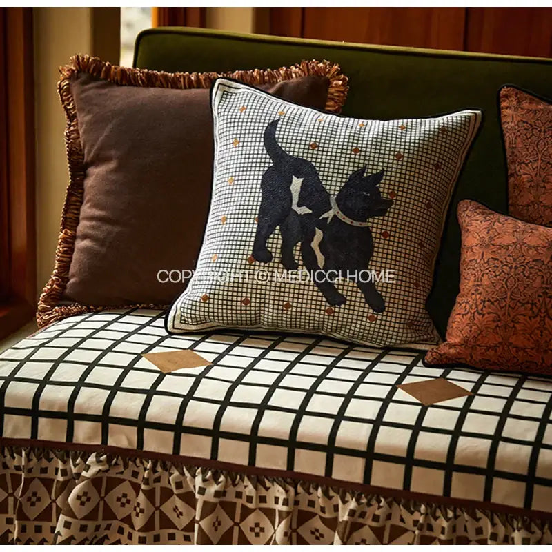 DecorBites™ luxe greyhound decorative pillow cover with black and white checkered fabric and embroidered dog silhouettes
