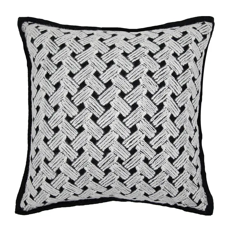 Black and white woven throw pillow with textured interlaced pattern from decorbites luxe hotel pillowcases collection