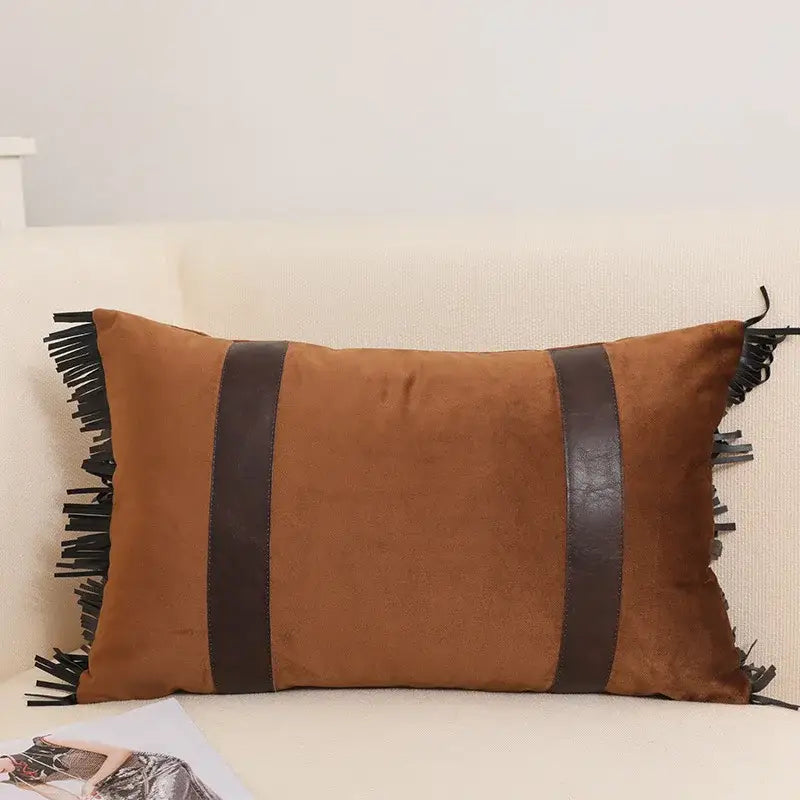Brown suede decorbites luxe hotel pillowcase with dark brown leather stripes and black fringe trim for living rooms and sofas