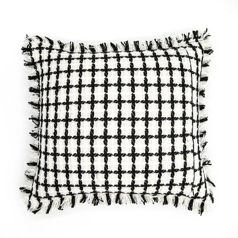Black and white checkered decorbites luxe hotel throw pillow with frayed edges for elegant living room cushions