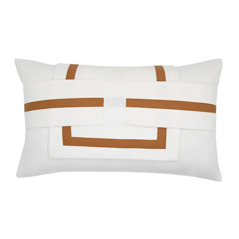 White decorbites luxe hotel pillowcase with tan woven geometric straps for elegant homestays and living rooms