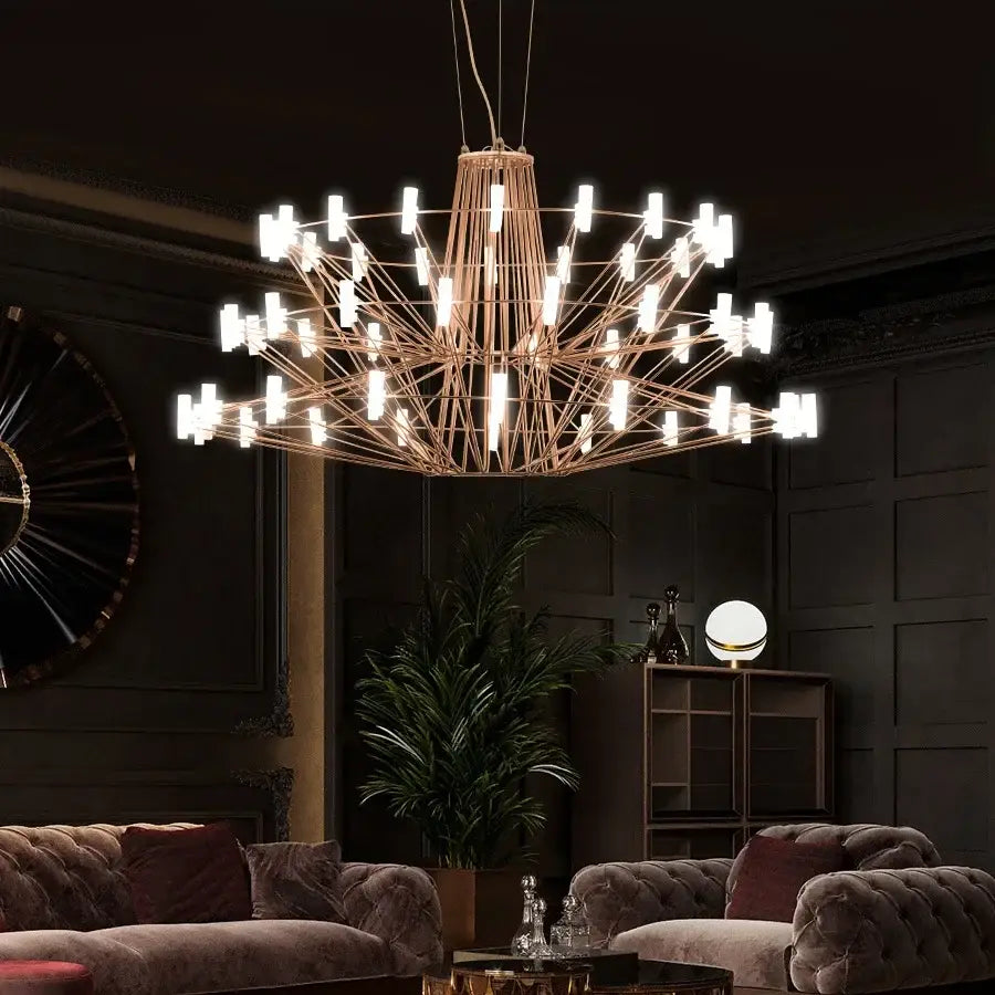 A decorbites luxe iron wire round led chandelier with golden geometric metal frame and rectangular illuminated modules