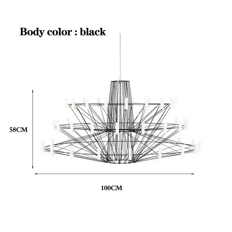 Black DecorBites Luxe iron wire round LED chandelier with geometric design and white cylindrical lights for living room