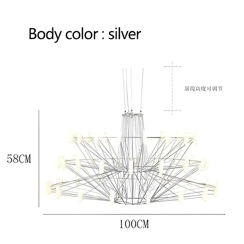 Silver decorbites luxe iron wire round LED chandelier with modern geometric arms for living and dining room use